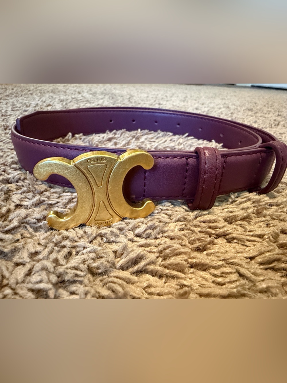 Celine Plum Leather Belt with Gold Triomphe Buckle 36”